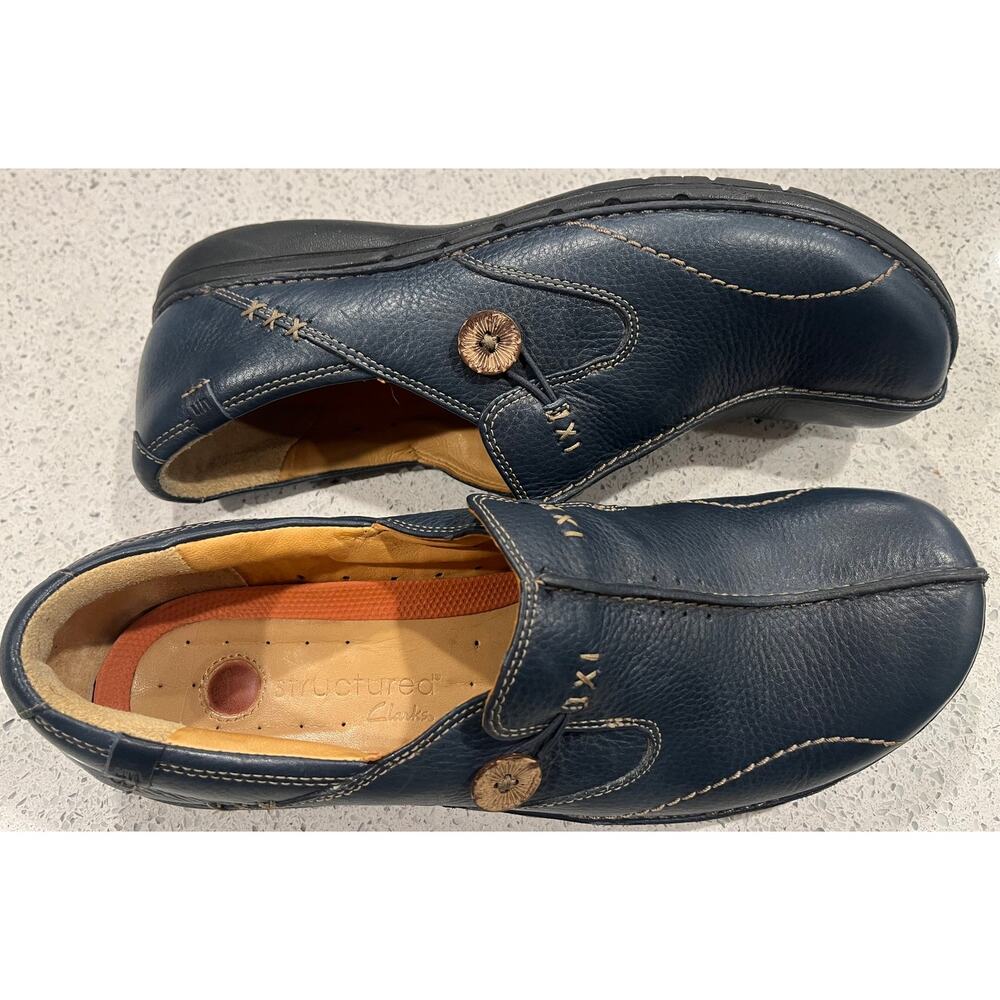Clarks, Unstructured Navy Leather Un-Loop Slip-On… - image 2